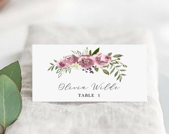 Tarjetas de lugar de boda imprimibles estilo bohemio con vegetación de rosas polvorientas (planas y plegadas en carpa) • DESCARGA INSTANTE • Templett 100% editable #MCD603