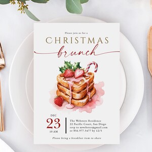 May include: A Christmas brunch invitation featuring a watercolor illustration of waffles with strawberries and a candy cane. The invitation is on a white plate, surrounded by gold cutlery, glasses, and flowers. The text reads "CHRISTMAS brunch".