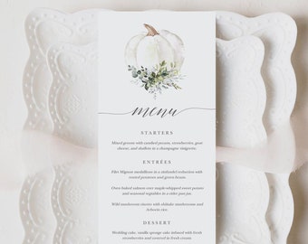 Pumpkin Wedding Dinner Menu, Fall Pumpkin Menu with Dusty Blue Floral • INSTANT DOWNLOAD • Printable, Editable Template #MCD1128