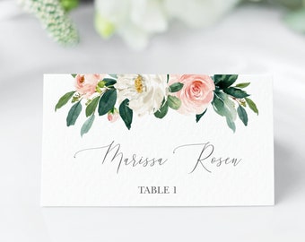 Custom Wedding Reception Place Card, Wedding Place Card Printable, Placecard Template, Boho Blush Greenery Seating Card Template For Wedding