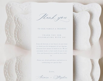 Simple Elegant Thank You Letter, French Blue Double Sided Wedding Thank You + Menu Card in 4"x9", Calligraphy Menu, Instant Download, Aurora