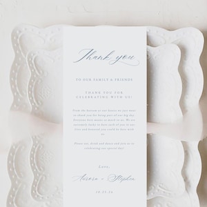 Lettre de remerciement élégante et simple, remerciement de mariage double face bleu français + carte de menu en 4"x9", menu de calligraphie, téléchargement immédiat, Aurora