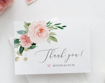 Wedding Thank You Card Template, Instant Download, 100% Editable Text, Printable Card, Blush Floral, Boho Wedding, Folded Card, DIY MCD600