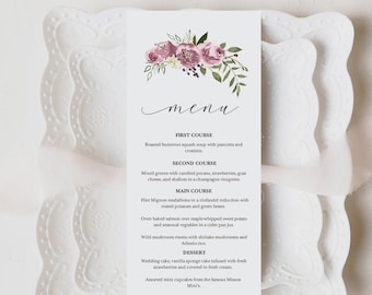 Mauve Wedding Menu Template, Dusty Rose Menu Cards in 9"x4", Floral Printable Menu Card, Instant Download, MCD#603