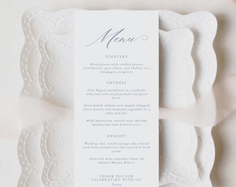 Simple Elegant Wedding Menu Template, French Blue Menu Cards in 4"x9", Blue Calligraphy Menu, Instant Download, Aurora