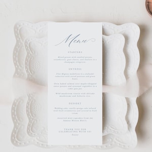 Plantilla de menú de boda elegante y sencilla, tarjetas de menú en azul francés de 4" x 9", menú con caligrafía azul, descarga instantánea, Aurora
