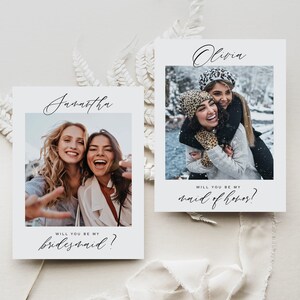 Modern Will You Be My Bridesmaid Photo Card, Bridesmaid Proposal Card Template with Photo, Maid Of Honor Proposal Card #17