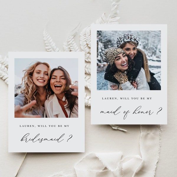 Elegant Will You Be My Bridesmaid Photo Card, Bridesmaid Proposal Card Template with Photo, Maid Of Honor Proposal Card