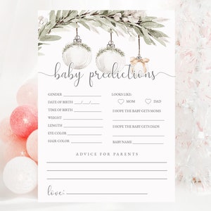 Carte de prédiction et de conseils de joyeux petit baby shower, statistiques de bébé modifiables de jeu de baby shower de Noël, téléchargement immédiat de baby shower d'hiver