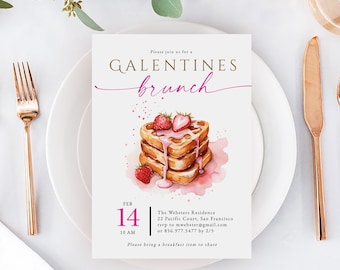 Galentine's Day Invitation Template, Ladies Valentines Day Brunch Invitation with Heart Waffles, Valentines Party Invite, Templett