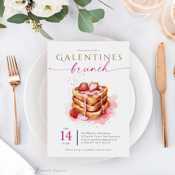 Galentine's Day Invitation Template, Ladies Valentines Day Brunch Invitation with Heart Waffles, Valentines Party Invite, Templett