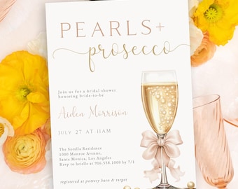 Pearls and Prosecco Bridal Shower Invitation, Bridal Shower Invitation with elegant Champagne Glass Bow and Pearls, Editable Template, Aiden