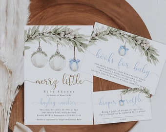 Może przedstawiać: Zaproszenie na baby shower z akwarelową ilustracją ozdób i zieleni. Zaproszenie brzmi "merry little" i "Baby Shower na cześć przyszłej mamy Hayley Cavalier". Podana jest data i godzina baby shower, a także adres i informacje RSVP. Są też dwie karty dla gości, którzy mogą przynieść książki lub pieluchy dla dziecka.