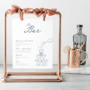 Modèle de plaque de menu de bar manuscrite, carte de boissons de mariage illustrée avec tour à champagne fantaisiste en bleu français en 7 tailles, Adelene