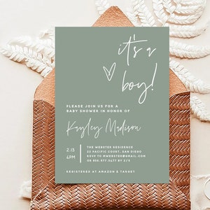 It&#39;s A Boy Baby Shower Invitation, Sage Green Baby Shower Invitation Template with Heart, Minimalist Baby Shower Invite, Templett