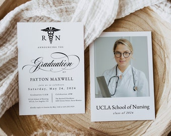 Nurse Graduation Party Invitation, Printable RN Graduation Announcement with Photo, Nursing School Graduation Party, Templett