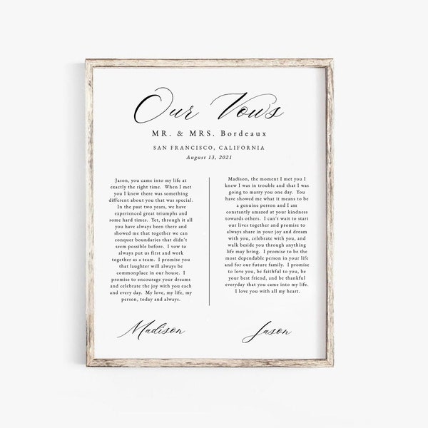 His and Hers Wedding Vows Keepsake Template, Anniversary Gift, Valentine's Day Gift for Him or Her, Our Vows Wall Art, Our Vows Editable