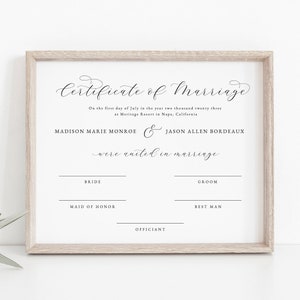 Simple Marriage Certificate Template, Anniversary Gift, Valentine's Day Gift for Him or Her, Certificate of Marriage Wall Art, Editable