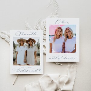 Elegant Will You Be My Bridesmaid Photo Card, French Blue Calligraphy Bridesmaid Proposal Card Template, Maid Of Honor Proposal Card, Aurora