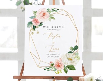 Blush Wedding Welcome Sign, Gold Geometric Wedding Welcome Sign in 4 Sizes, Instant Download, Editable Template