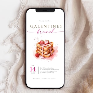 Galentine invitation mobile with heart waffles and hot pink text.
