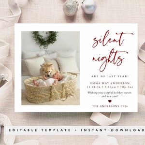 New Baby Announcement Holiday Card Template, Silent Nights Are So Last Year Newborn Photo Card, Editable Birth Announcement Card With Photos