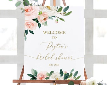 Blush Bridal Shower Welcome Sign, Bridal Sign Printable, Rustic Blush Floral Gold, Wedding Party, Boho Shower Editable Template, MCD600