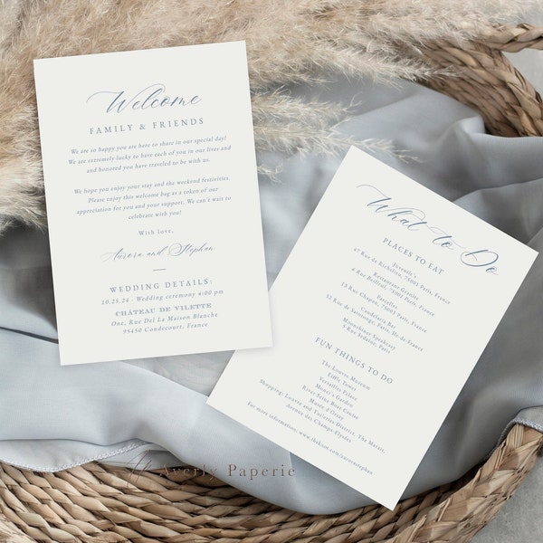 Simple Wedding Welcome Note, Elegant Calligraphy Wedding Weekend Things To Do in French Blue, Wedding Order of Events Template, Aurora