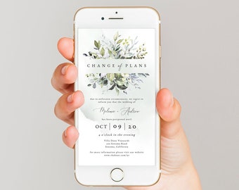 Change of Plans, Change the Date, New Plan Text Announcement Template, Boho Greenery Wedding Cancellation for Mobile Phones, MCD#500