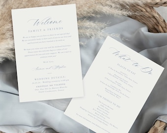 Simple Wedding Welcome Note, Elegant Calligraphy Wedding Weekend Things To Do in French Blue, Wedding Order of Events Template, Aurora