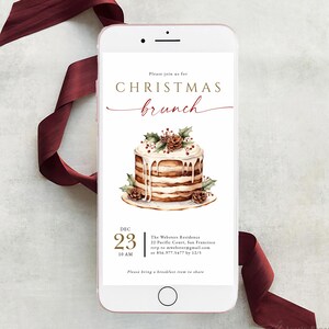 May include: A smartphone displays a Christmas brunch invitation. The invitation features a watercolor cake with holly and pinecones. The text reads "CHRISTMAS brunch" and includes date, time, and location details. A burgundy ribbon is draped around the phone.
