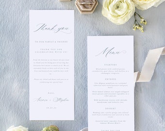 Simple Elegant Thank You Letter Template, French Blue Wedding Thank You + Menu Card in 4"x9", Calligraphy Menu, Instant Download, Aurora