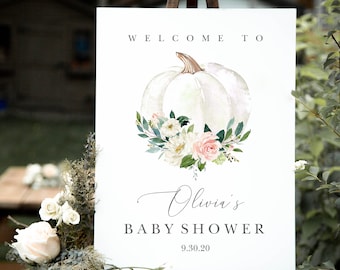 Pumpkin Baby Shower Welcome Sign, Fall Baby Welcome Sign Template with Blush Floral Pumpkin, INSTANT DOWNLOAD, Template #MCD1127