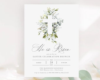 Hi is Risen Easter Invitation Template, Religious Easter Brunch Invitation with Cross, Editable Easter Sunday Breakfast Invitation, Templett