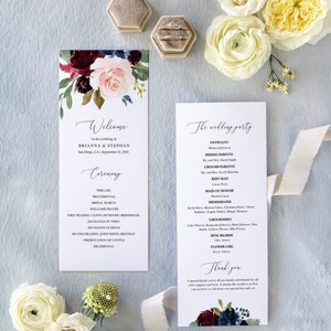 Boho Wedding Program Template for Fall Winter Wedding Burgundy Blush, Ceremony Program, Order of Events, Editable Template MCD601