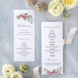 May include: A wedding ceremony program with a floral design and the names Olivia and Benjamin. The program lists the order of events for the ceremony and the wedding party.