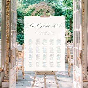 Cartello per matrimonio con tabella dei posti a sedere semplice, elegante cartello con tabella dei posti a sedere con calligrafia in blu francese, Aurora