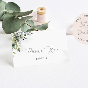 Cartes de place de mariage imprimables Boho avec verdure d'eucalyptus (plat et tente pliée) • TÉLÉCHARGEMENT INSTANTANÉ • 100 % modifiable Templett #MCD500