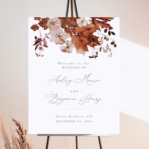 Fall Wedding Welcome Sign, Editable Welcome Sign for Wedding with Autumn Leaves and Pumpkin in 4 Sizes, Instant Download, Audrey
