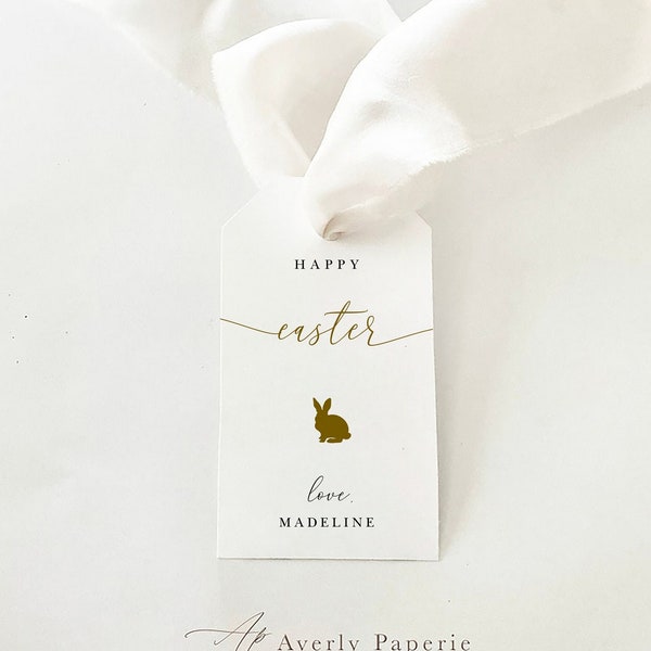 Simple Easter Tag, Editable Easter Tag with Gold Easter Bunny, Elegant Easter Tag, Easter Tag for Kids, Templett