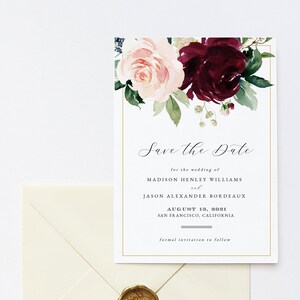 May include: Save the Date card with a floral design featuring pink and burgundy flowers. The card includes the text "Save the Date" for the wedding of Madison Henley Williams and Jason Alexander Bordeaux on August 13, 2021 in San Francisco, California. The card also includes the text "formal invitation to follow".