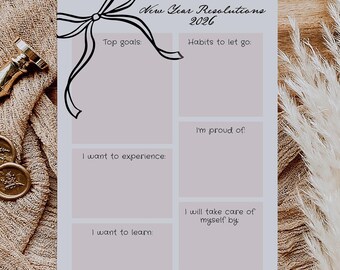 Editable New Year Resolutions Template with Black Coquette Bow | Printable Goal Planner