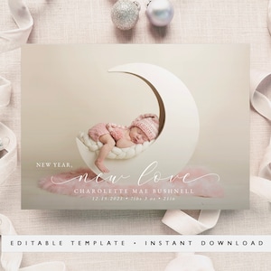 New Baby New Year Card Template, New Year New Love Newborn Photo Card, Editable Birth Announcement Card With Photos, PDF Templett
