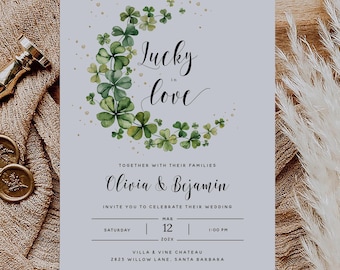 Lucky In Love Wedding Invitation Template, St Patricks Day Wedding Invitation with Lucky Clover Arc and Faux Gold, Editable with Templett