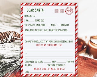 Printable Letter To Santa, Santa Letter DIY, Kids Christmas List, Editable Christmas Wish List, Print at Home, Templett