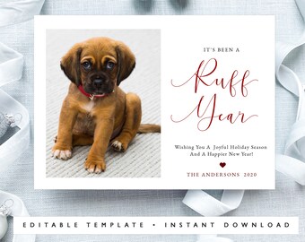 Ruff Year 2022 Photo Christmas Card, Dog Christmas Cards, Pet Holiday Card, Funny Holiday Photo Card, INSTANT DOWNLOAD, Editable Template
