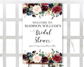 Navy bridal shower sign, from miss to mrs, burgundy and navy wedding sign, welcome wedding sign, bridal shower decor, bridal shower template