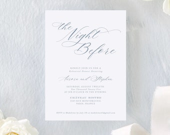 Simple Rehearsal Dinner Invitation Template, Elegant Calligraphy The Night Before Invitation in French Blue, Aurora