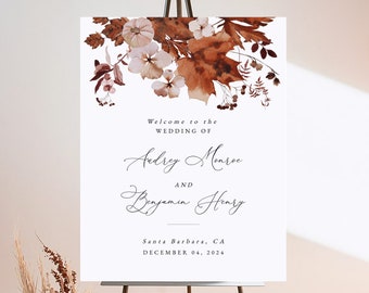 Fall Wedding Welcome Sign, Editable Welcome Sign for Wedding with Autumn Leaves and Pumpkin in 4 Sizes, Instant Download, Audrey