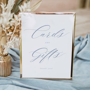 Letrero sencillo para tarjetas y obsequios, plantilla imprimible para letreros de tarjetas y obsequios en azul francés, letreros para mesas de recepción de bodas, descarga instantánea, Templett
